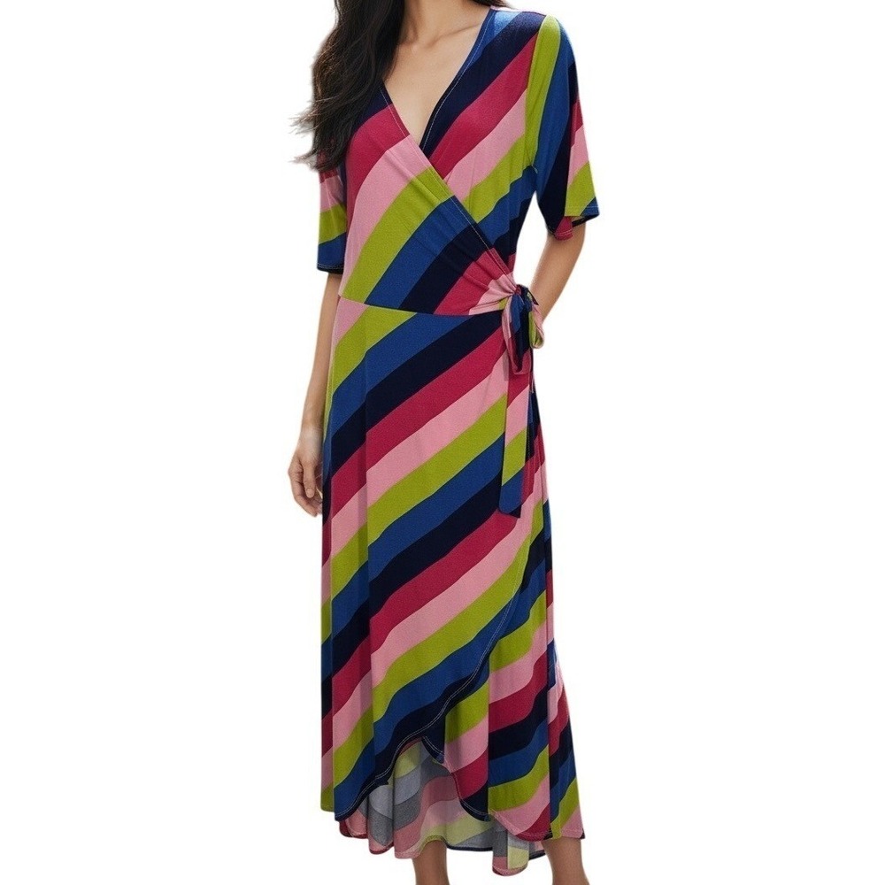 MIDNIGHT VELVET Maxi Wrap Dress Multicolor Striped 70's Vibe NWT Size Medium